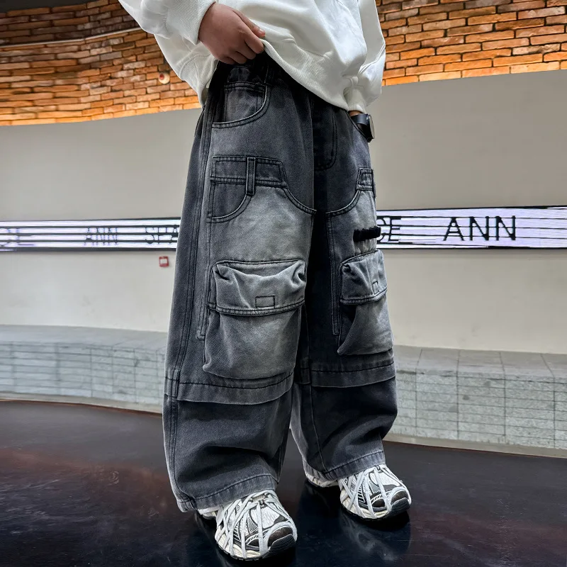 عالية الجودة للأطفال العمل الثقيل فضفاض البضائع الجينز للمراهقين الصبي فضفاضة تناسب جيب الدنيم السراويل التوأم الطفل موضة الجينز بنطلون #3