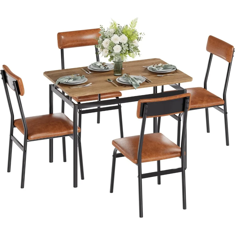 Garvee Dining Table Set for 4, 5 Piece Wooden Dining Room Table Set, 4 PU Upholstered Chair, Industrial Metal Frame Dinette Set