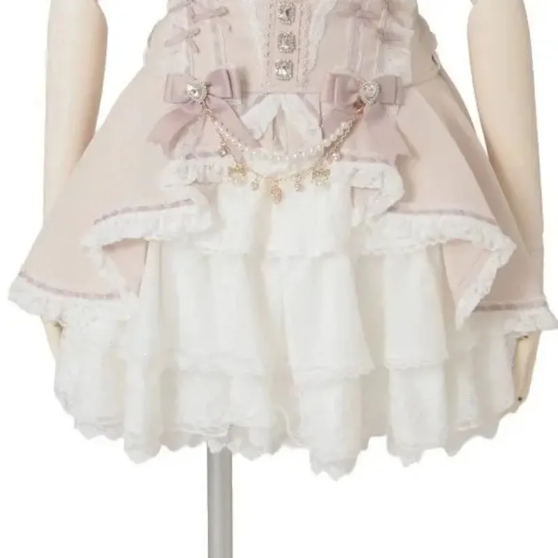 Sweet Kawaii Gothic Lolita Skirt Women Lace Ruffle High Waist Tiered Skirt with Bow Pearl Chain Decor Cute A-line Mini Skirt