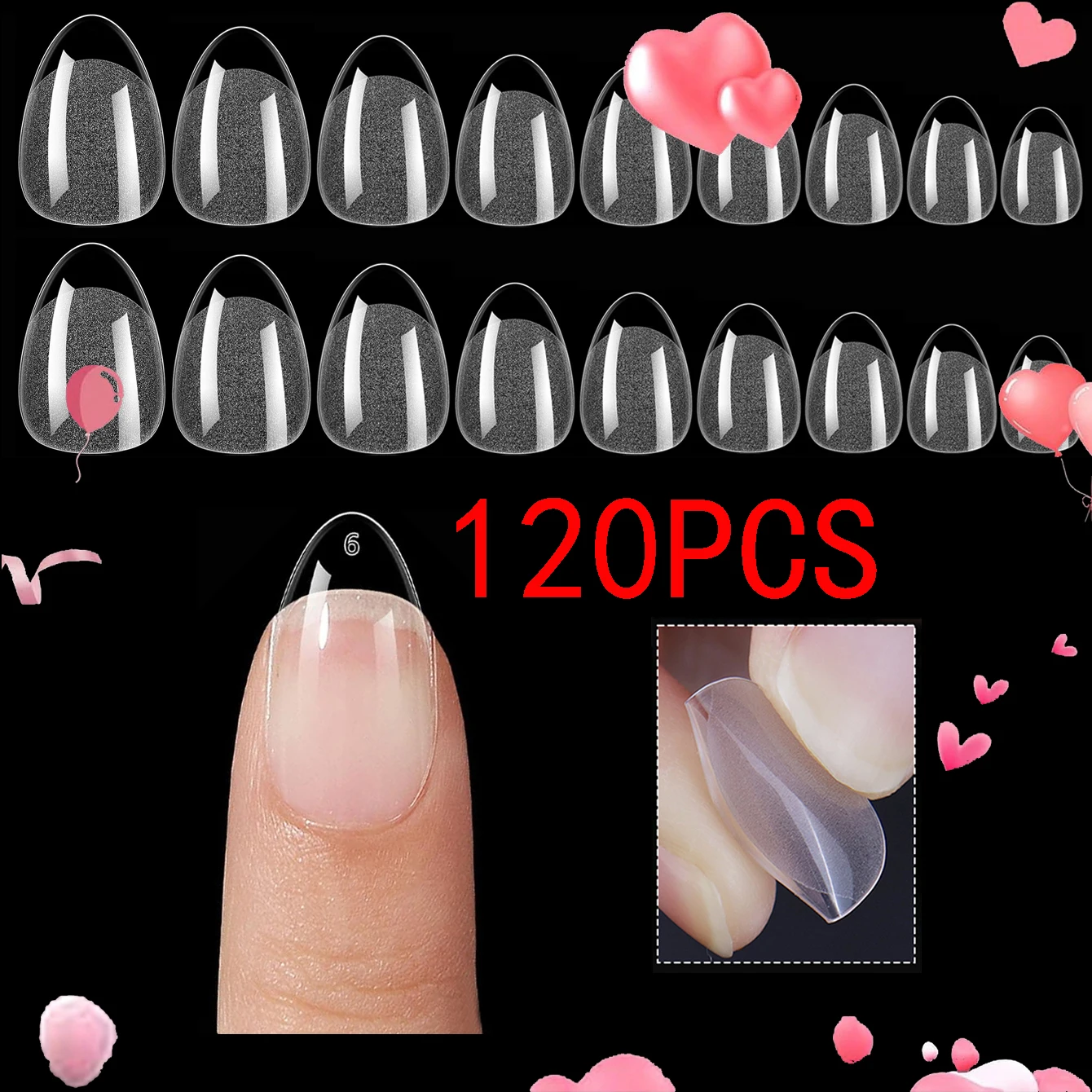 Embouts d'ongles courts en amande : 120 embouts de gel doux pour gel à couverture complète X embouts d'ongles pré-gracés - Faux ongles transparents en résine PMMA 12 tailles