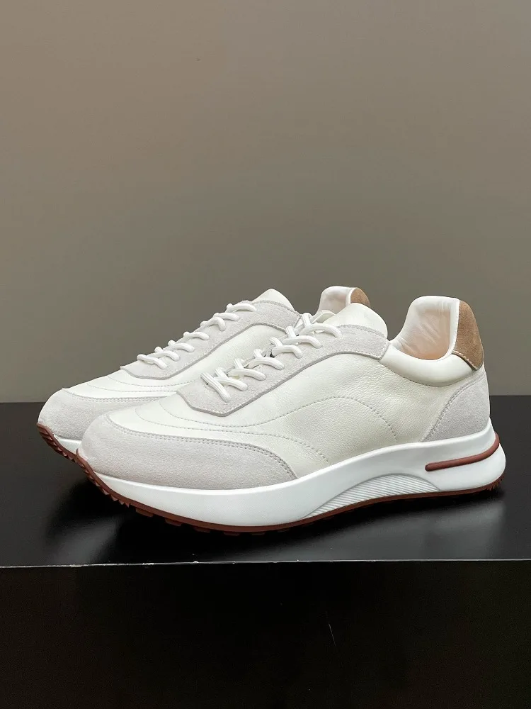 Fashion Men Running Sneakers Genuine Leather Lace-up Thick Platform Sole Lightweight Daily Walking Casual Sports Shoes