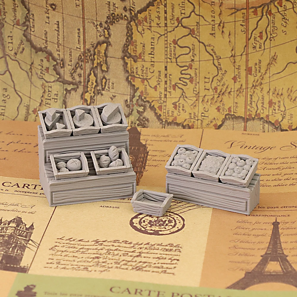 Tabletop RPG Miniature Market Stall Crates Set Unpainted Fantasy Wargame Terrain Merchant Food Crates Scenery Props