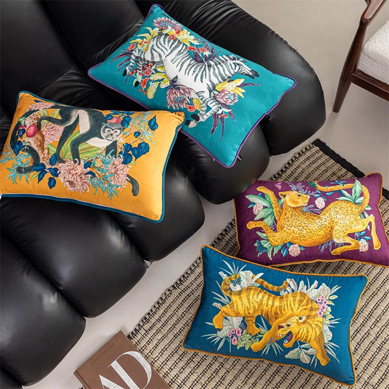 Vintage Animal Print Cushion Cover Rectangle Pillowcase Shell Home Velvet Decorative for Home Couch Sofa Bedroom Moneky Horse