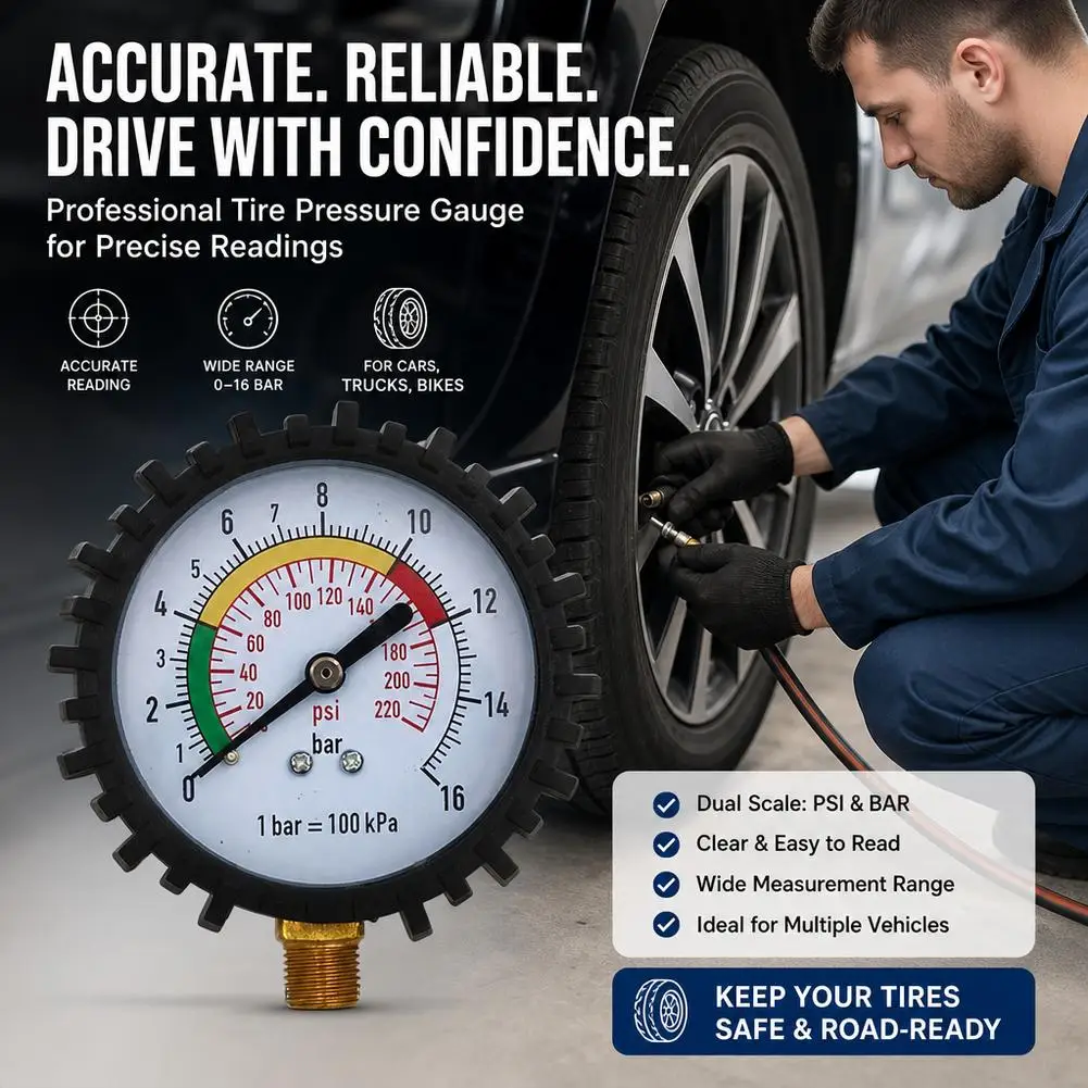 Oil-Damped Tire Pressure Gauge 11mm Shockproof Mechanical Head for Inflator Gun High Accuracy