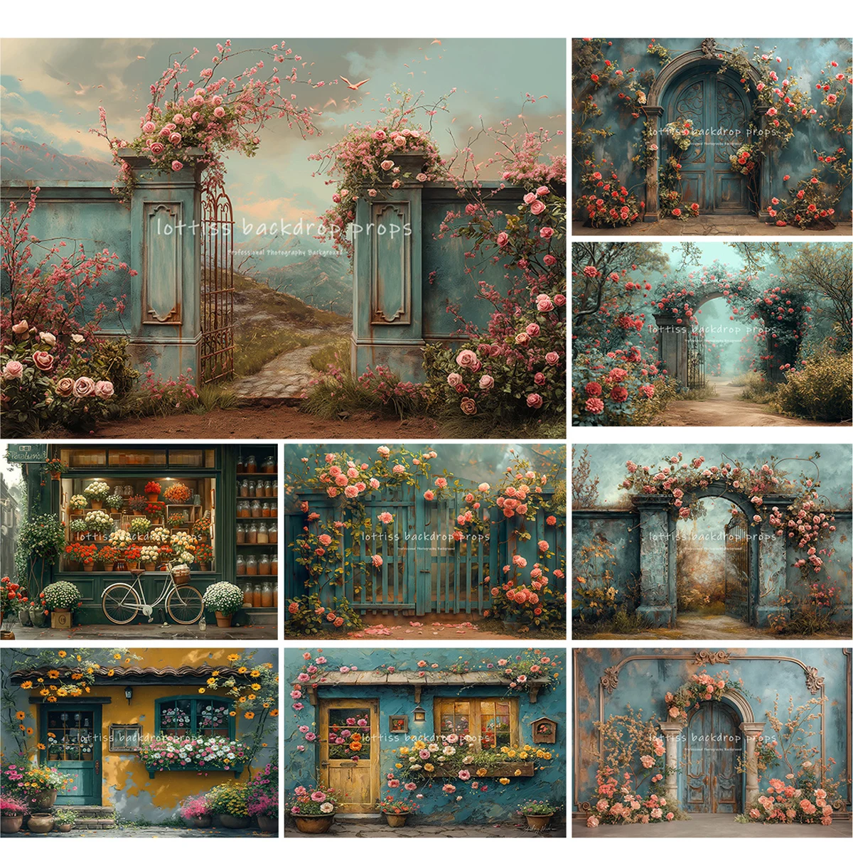 

Spring Artistic Garden Entrance Photogrpahy Backdrops Kids Girl Photocall Props Floral Market Countryside Backgrounds