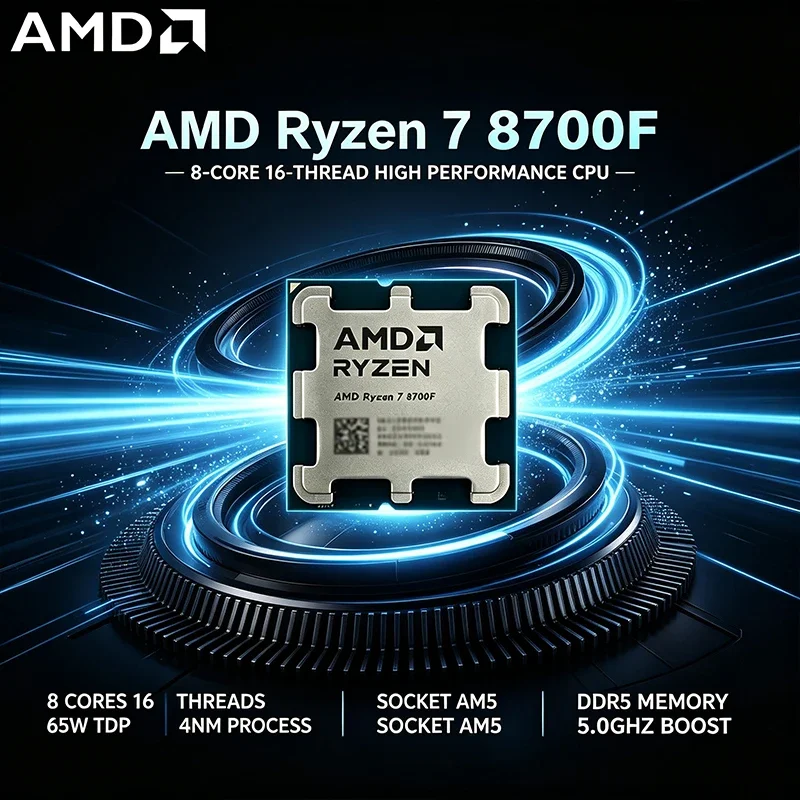 AMD Ryzen 7 8700F Processor 8Core 16Thread 4.1GHz Base 5.0GHz Max Boost AM5 Socket 24MB Game Cache 4nm 65W TDP DDR5 Desktop CPU