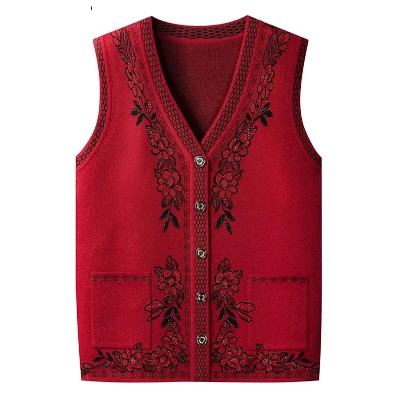 Middle Aged Elderly Women Knitted Vest Large Size Spring Autumn Sleeveless Sweater Coat Mother Waistcoat Grandma Cardigan Jacket