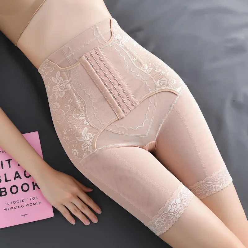 Breathable lace edge anti roll flat angle high waisted buckle high elastic mesh waist shaping lifting and belly tightening pants