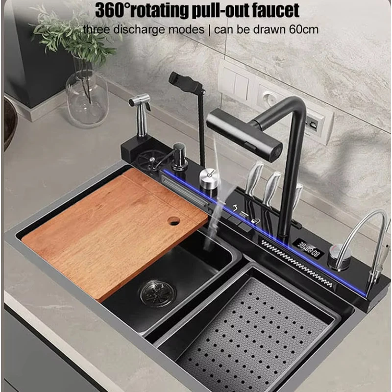 

Kitchen accessories Whale shark sink multifunctional whale sink three waterfall water knife holder fregadero de cocina