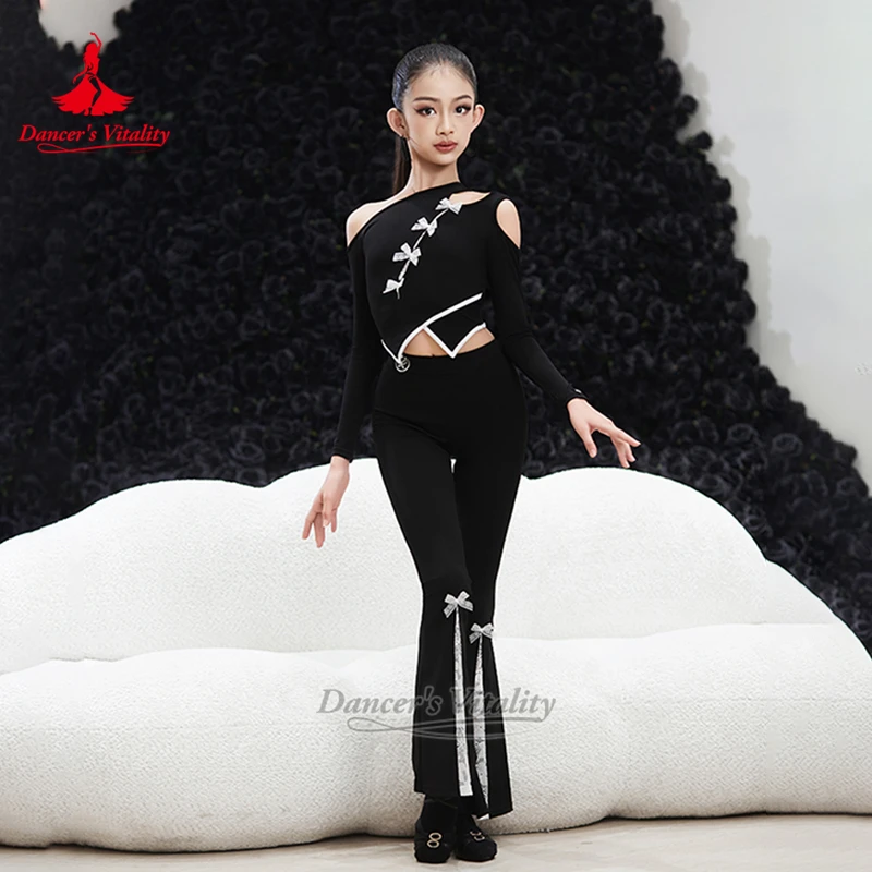 ملابس تدريب لاتينية للأطفال البنات ملابس سامبا تشاتشا بأكمام طويلة + بنطلون أو تنورة بدلة ممارسة متطابقة حيوية الراقصة