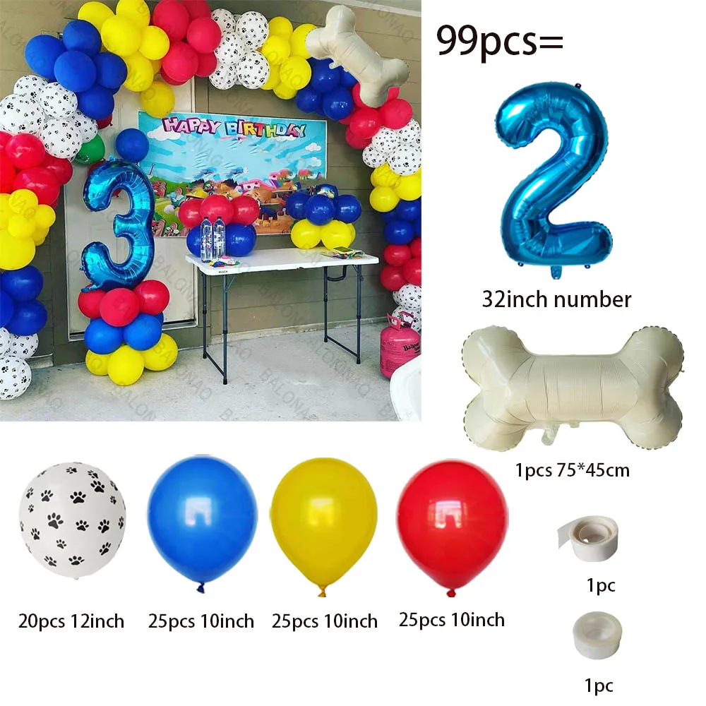 Ballons en latex en forme de patte de chien drôle Sophia, fournitures de décoration de fête d'anniversaire, jouets pour enfants, numéro bleu, animal de compagnie, 99 pièces