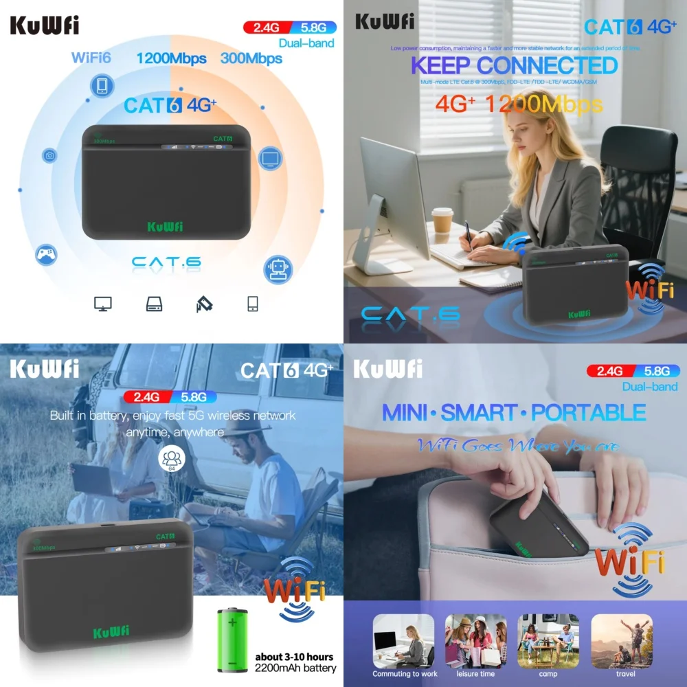

Dual-Band 4G LTE WiFi Router Cat6 Portable for Remote Work Travel Internet Global Support 2200mAh Battery for KuWFi