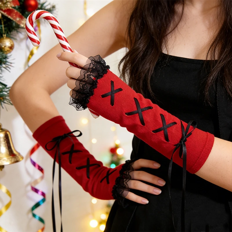 Red Knitted Lace Cuffs Christmas Birthday Personalized Ribbon Fingerless Gloves Lolita Decorative Warm Arm sleeves