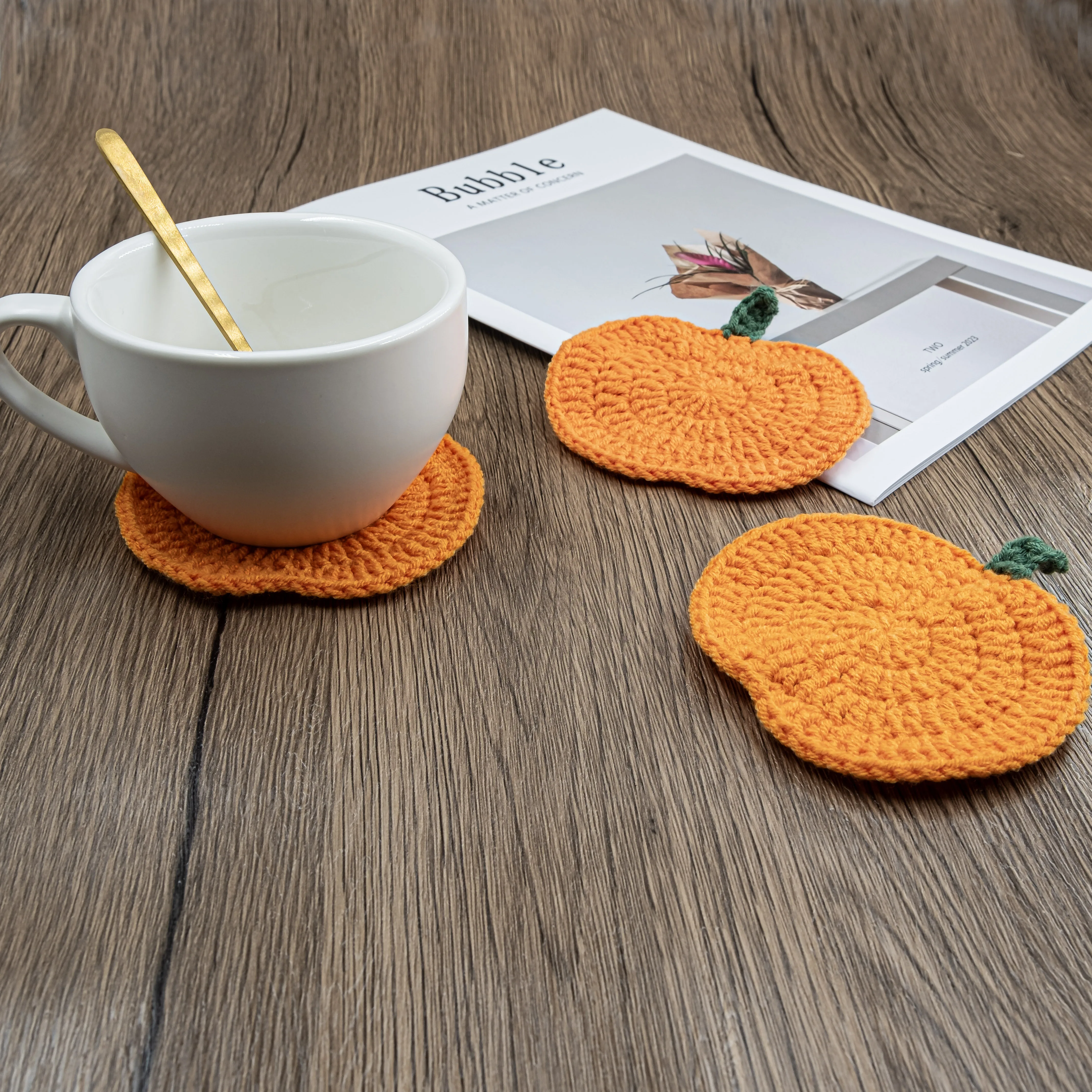 8pcs Handmade Crochet Pumpkin Coasters - Orange Pumpkin Design with Spiral Pattern, Fabric Table Protectors for Fall