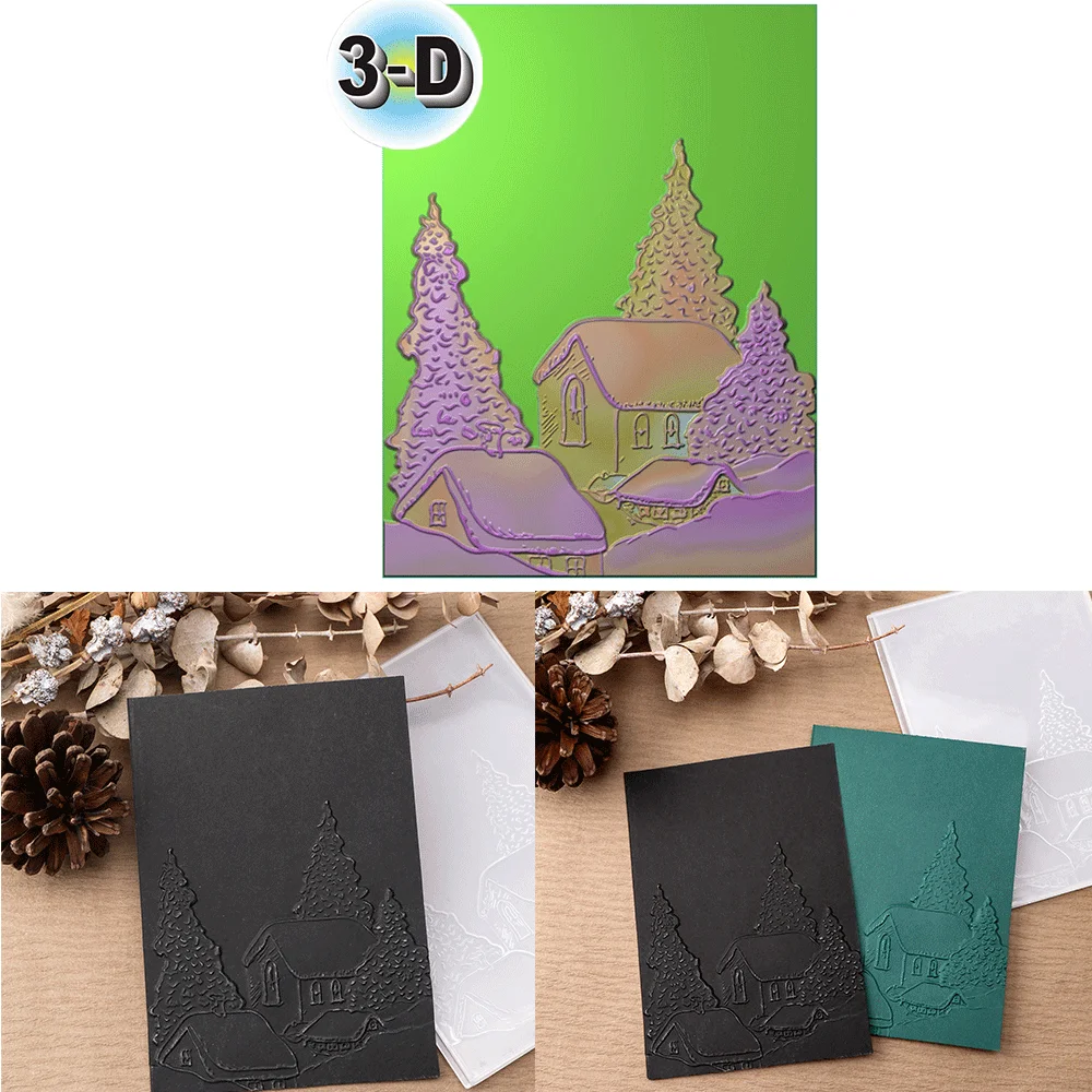 Christmas Tree Hillside House 3D Embossing Folder and Matching Dies for Adding Textured Detail To Paper Crafting Card Making