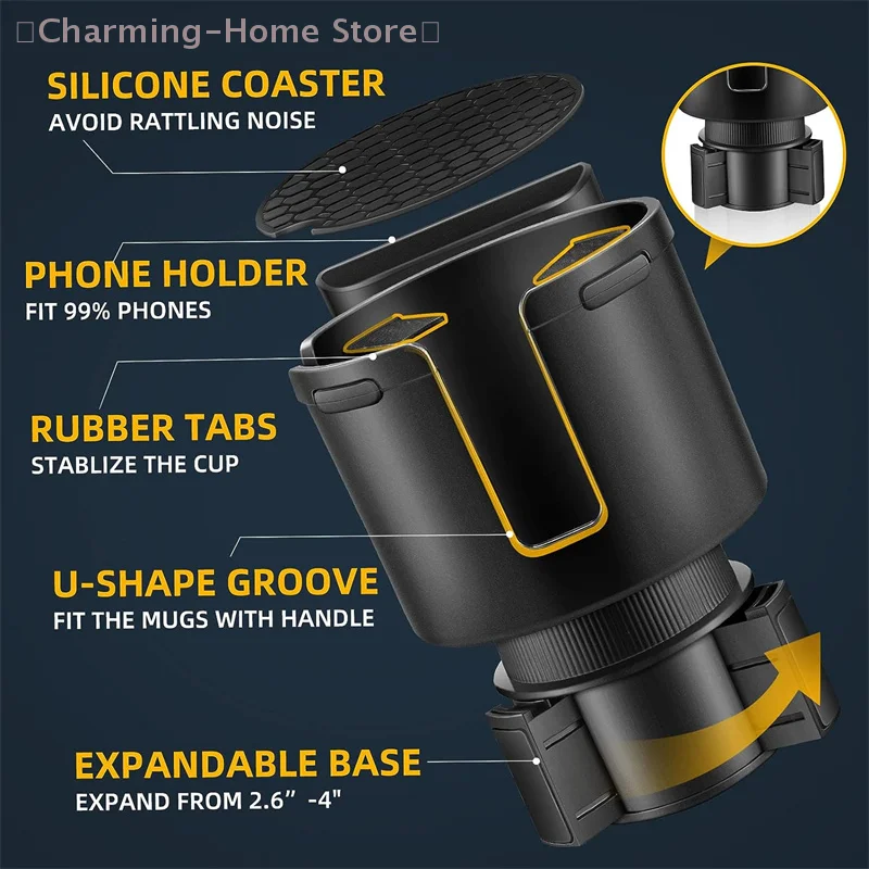 حامل أكواب السيارة المتوسع محول حامل الكأس متعدد الأغراض ملحقات تخزين منظم داخلي قابل للتوسيع مع حامل هاتف #4