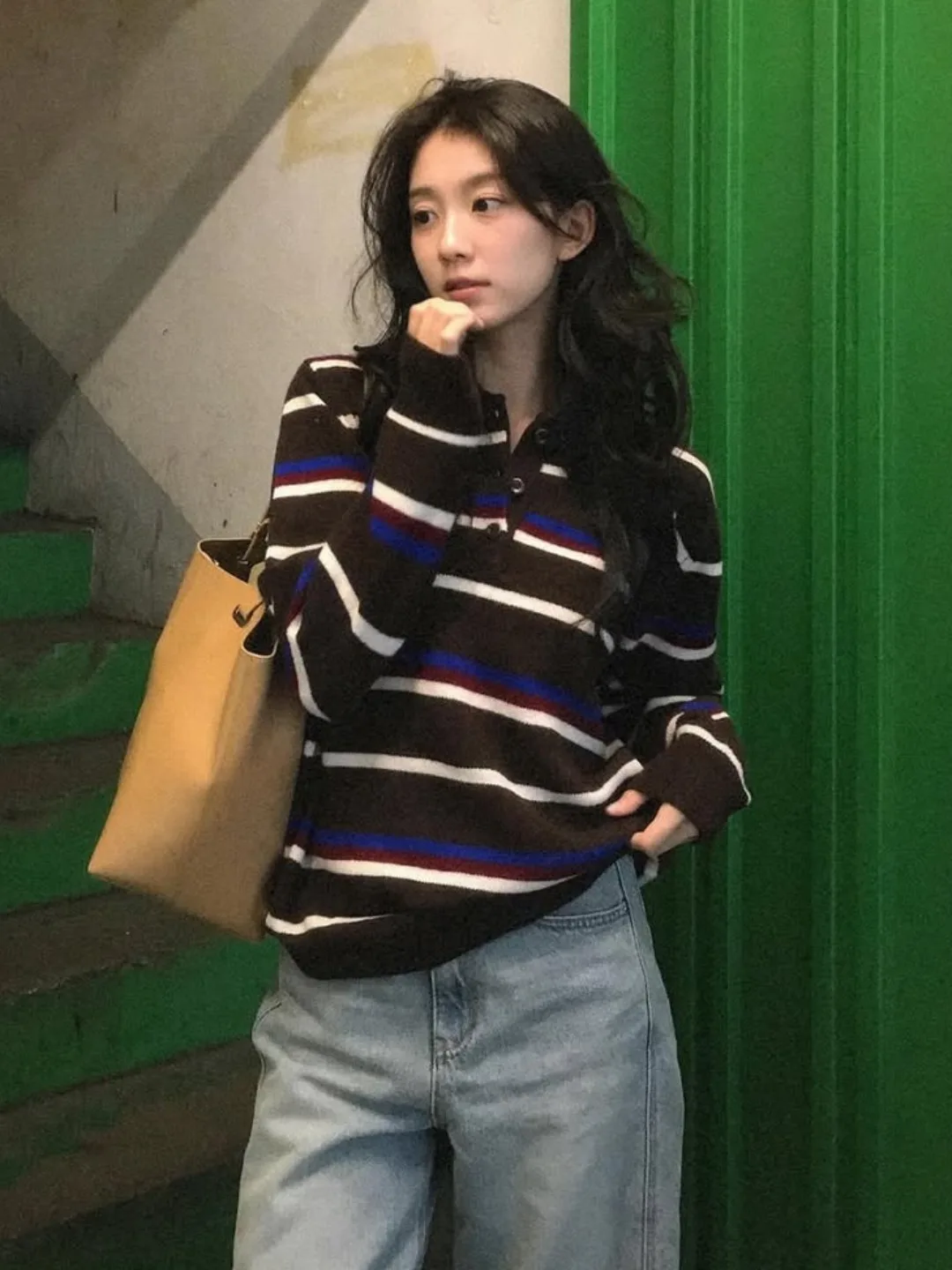 Outono Inverno Casual Listrado Ne Malhas Feminino Preguiçoso Solto Top Overhead Sle Confortável Fit Faionable Listrado Swe...