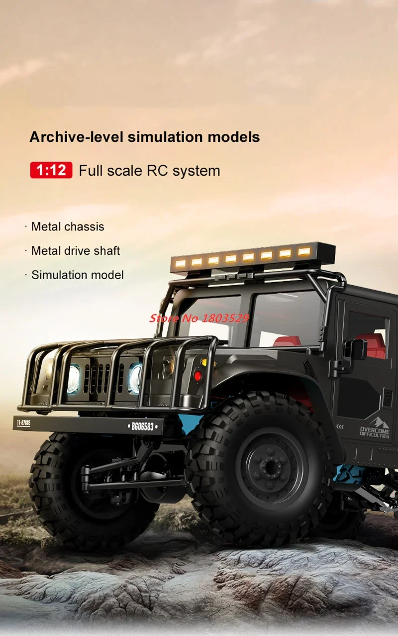 2.4G 1:12 RC Rock Crawler Simulation Buggy 4WD Full Metal Remote Control Military Car With Flash Led Lights Waterproof Boy Gifts