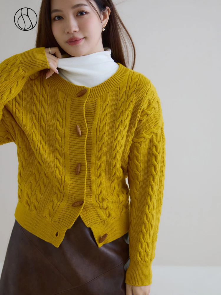 DUSHU 33.3% Wool Women Round NecK Horn Button Design Loose Cardigans Drop Sleeve Yellow Short Sweaters Women Casual Cardigan