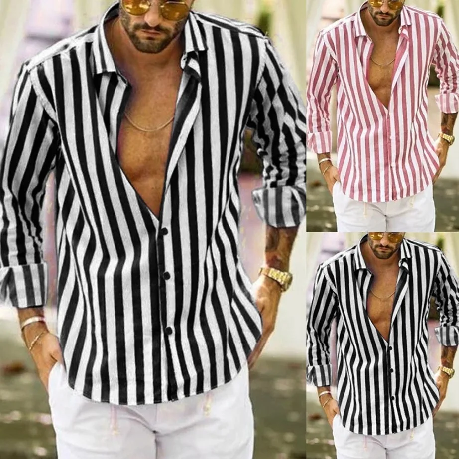 Men's Large Size Casual Printed Striped Long Sleeve Shirt CleanFit Style CityWalk Suitable PU Leather Nine Points Sleeve