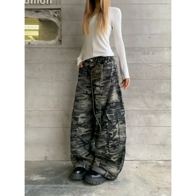 

American Retro Multi Pocket Camouflage Workwear Jeans for Men Loose and Wide Leg Deconstruction Jazz Dance Pants Female Clothing