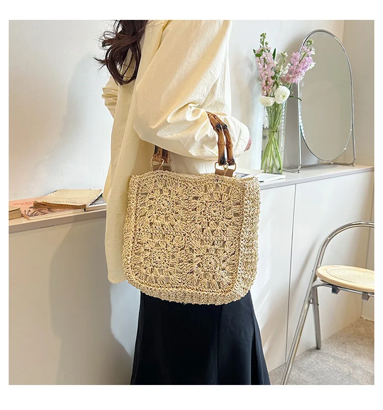 

2023 Summer Hot Sales Bamboo Handel Shoulder Bags Handmade Straw Handbags Totes Fashion Beach Travel Bags Drop Shipping