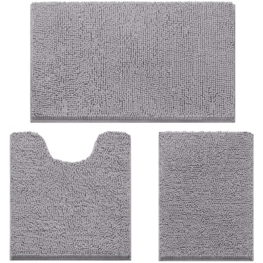 

3 Pieces Bathroom Rugs Soft Thick Absorbent Chenille Bath Mats Washable Non-Slip Floor Rugs for Shower and Bath Grey