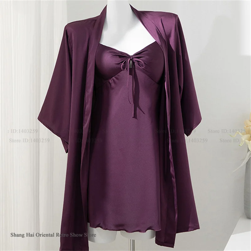 Female 2PCS Robe Nightgown Set Pajama Sexy Suspender Nightdress Lingerie Summer Kimono Bathrobe Gown Rayon Homewear Lounge Wear