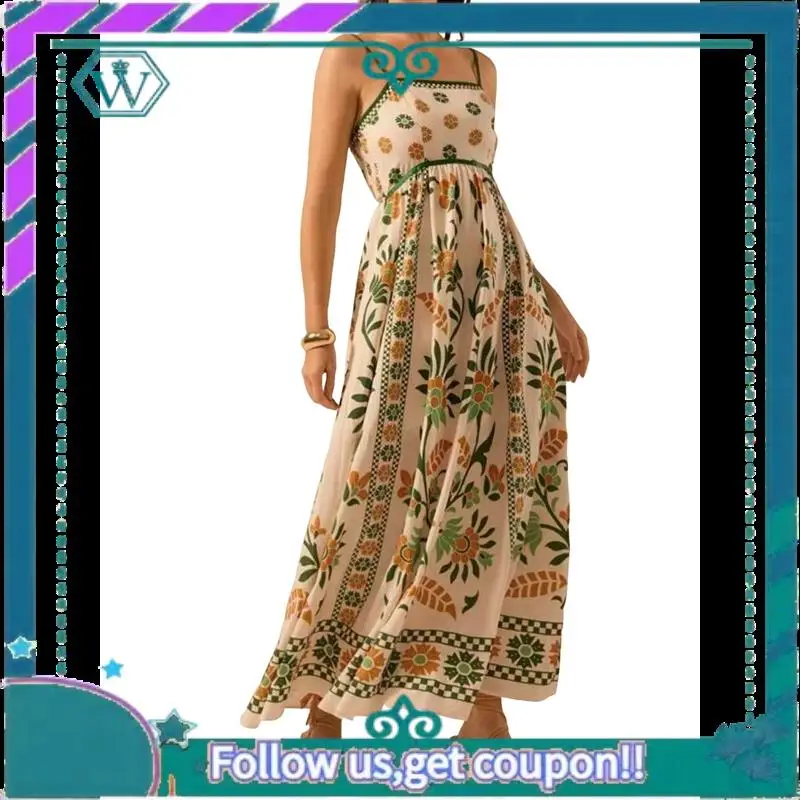 A09P Womens 2025 Summer Floral Maxi Dress Sleeveless Spaghetti Strap Printed Smocked Boho Beach Long Dress