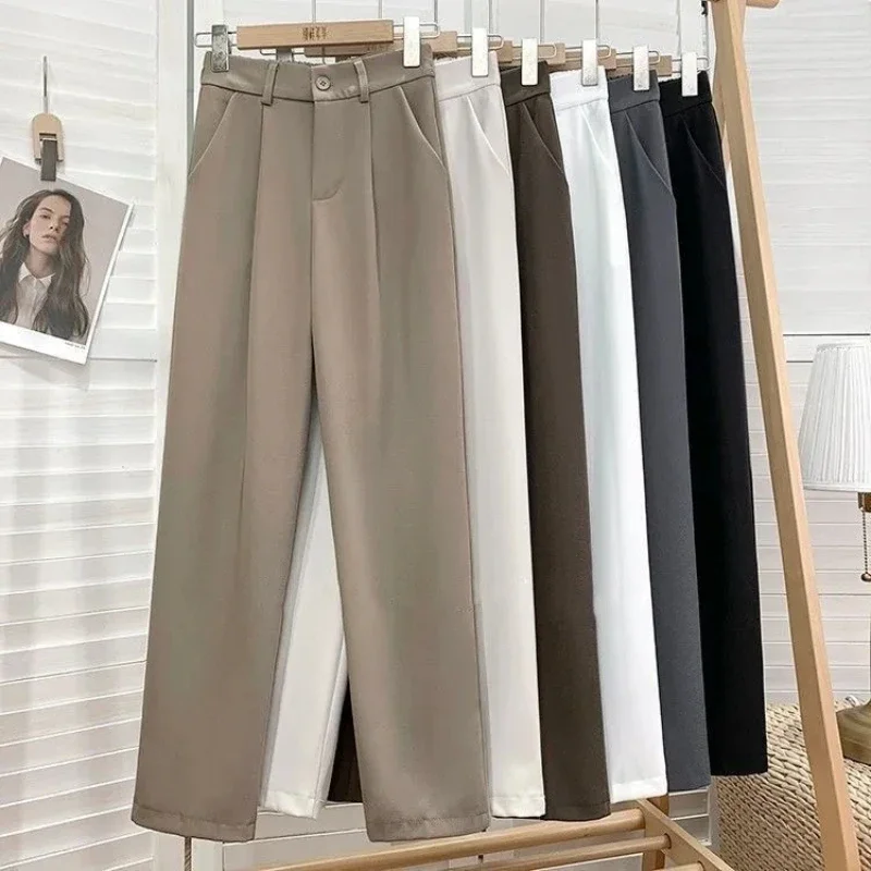 

Fashion Elastic High Waist Pants Women 2023 Spring Casual Loose Solid Straight Trouser Office Ladies Work Nine Points Suit Pant