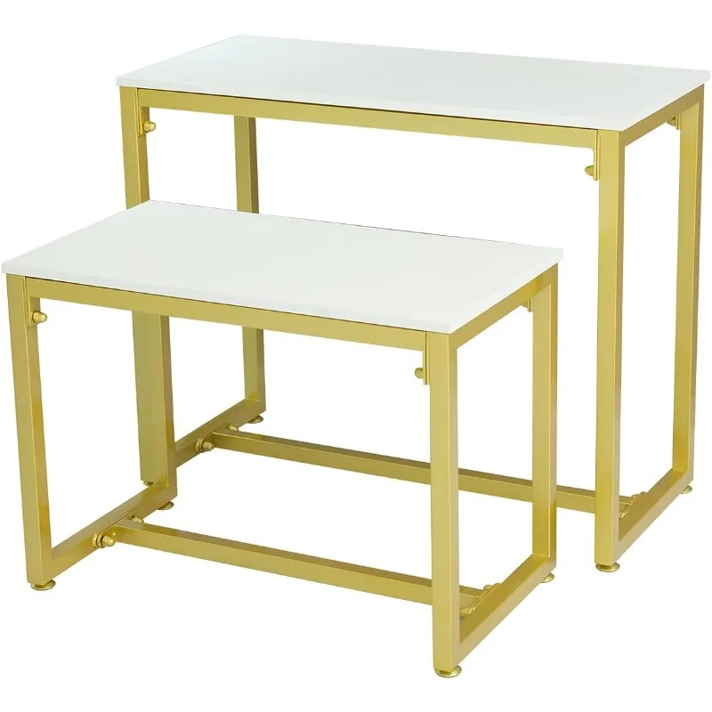 

Metal Shoe Handbag Retail Display Racks, Nesting Tables 2 Piece Set, Display Stand For Retail Stores, Iron And Wood, Gold