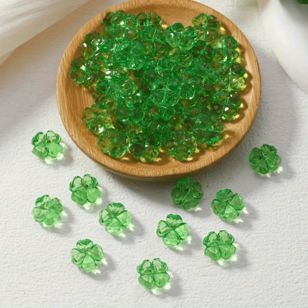 100/200pcs Saint Patrick's Day Acrylic Beads Lucky Faceted Clover Transparent Green for Home Party Decor Jewelry Necklace Making