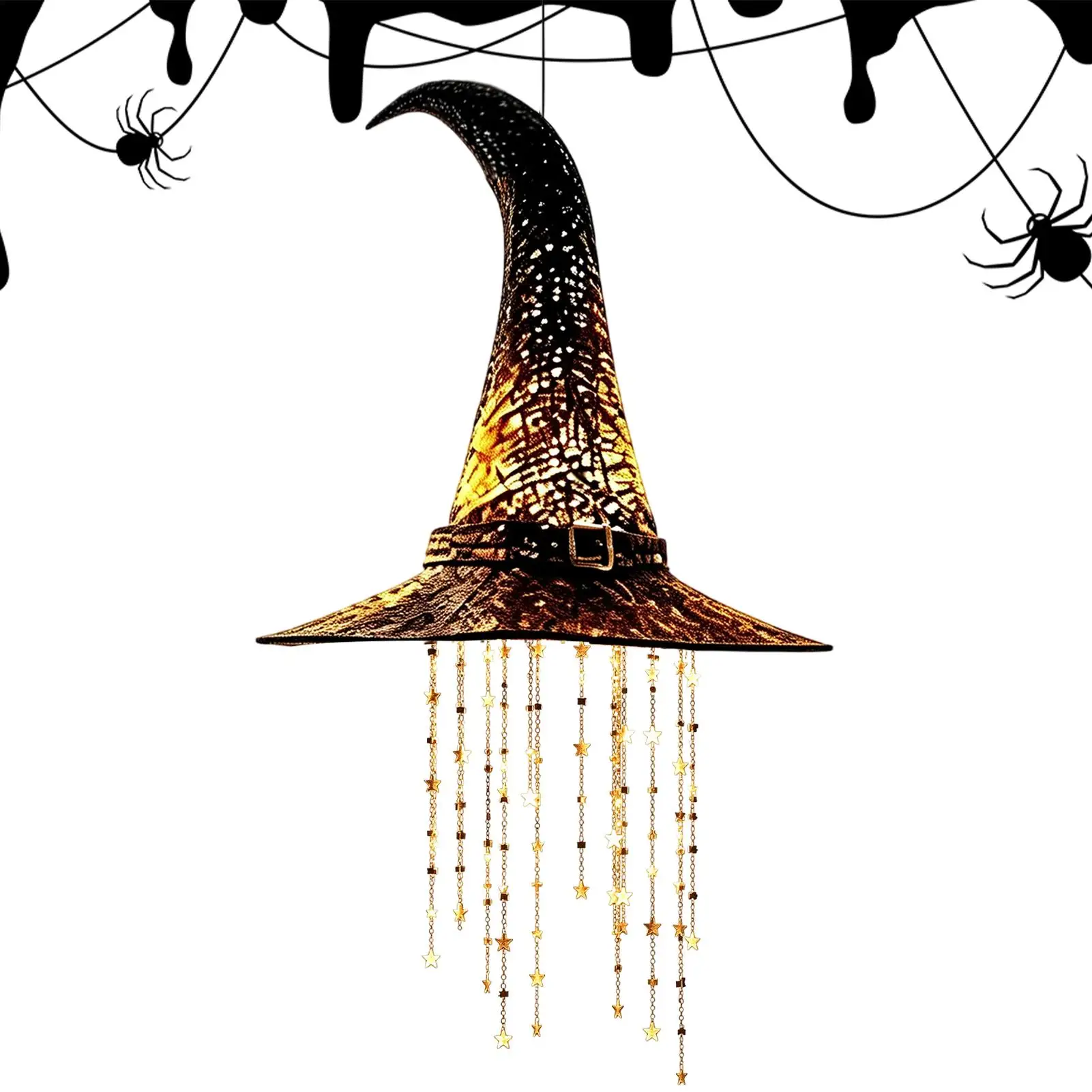 Lighted Witch Hat Hanging Chime, Halloween Outdoor Ornament, Glowing Mesh Cascading Stars, Black Frame Decoration, Party Decor