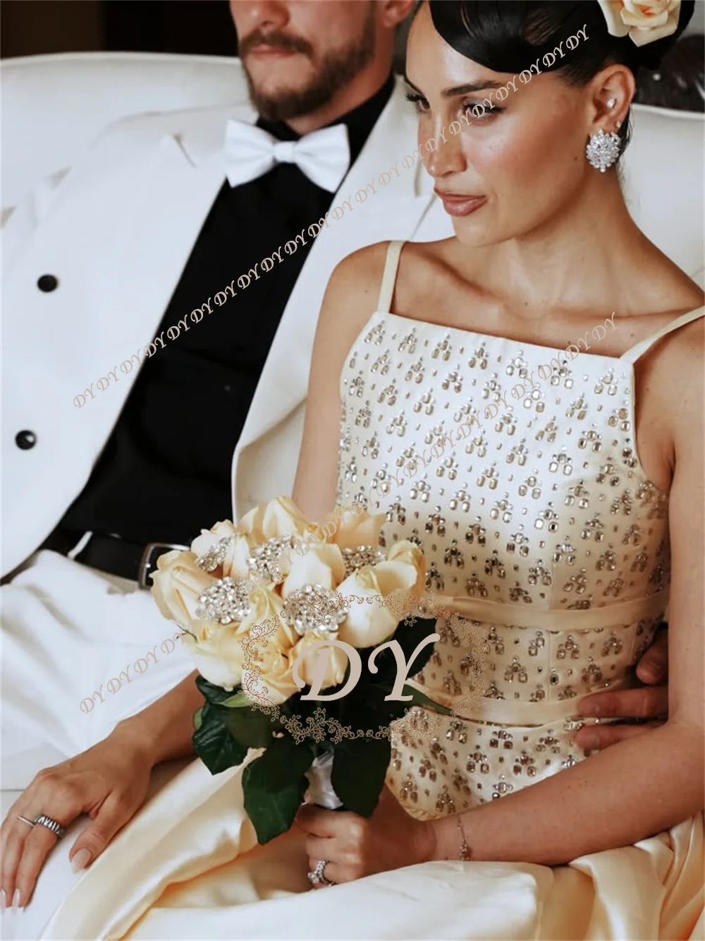 DY Luxury Champagne Satin Wedding Prom Party Dress Spaghetti Straps Rhinestones A-Line Formal Occation Evening Gown Customized