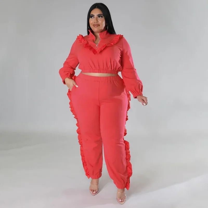 KEXU Plus Size Women's Two 2 Piece Set Outfit Vneck Long Sleeve Crop Top and Ruffles Side Pants Suit Soild Fashion Tracksuit