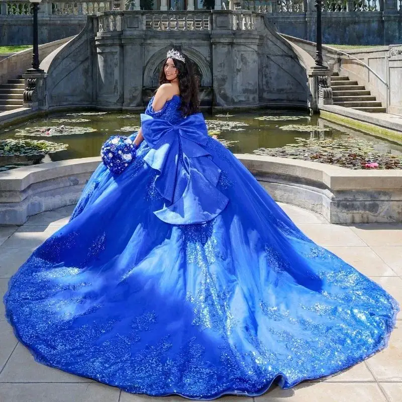 2025 Glitter Sequined ROYAL BLUE Ball Gown Quinceanera เดรสโบว์พรหมชุดผู้หญิง Vestidos De Festa ที่กําหนดเอง