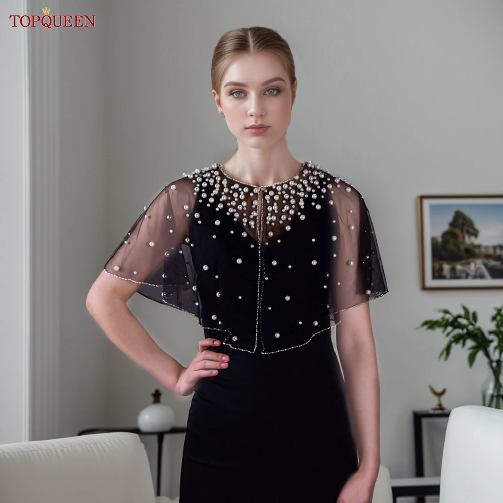 TOPQUEEN G31 Wedding Wraps Bridal Jackets for Wedding Dress Black Pearls Beaded Piping Round Neck Bridal Shawl Ladies Bolero DIY