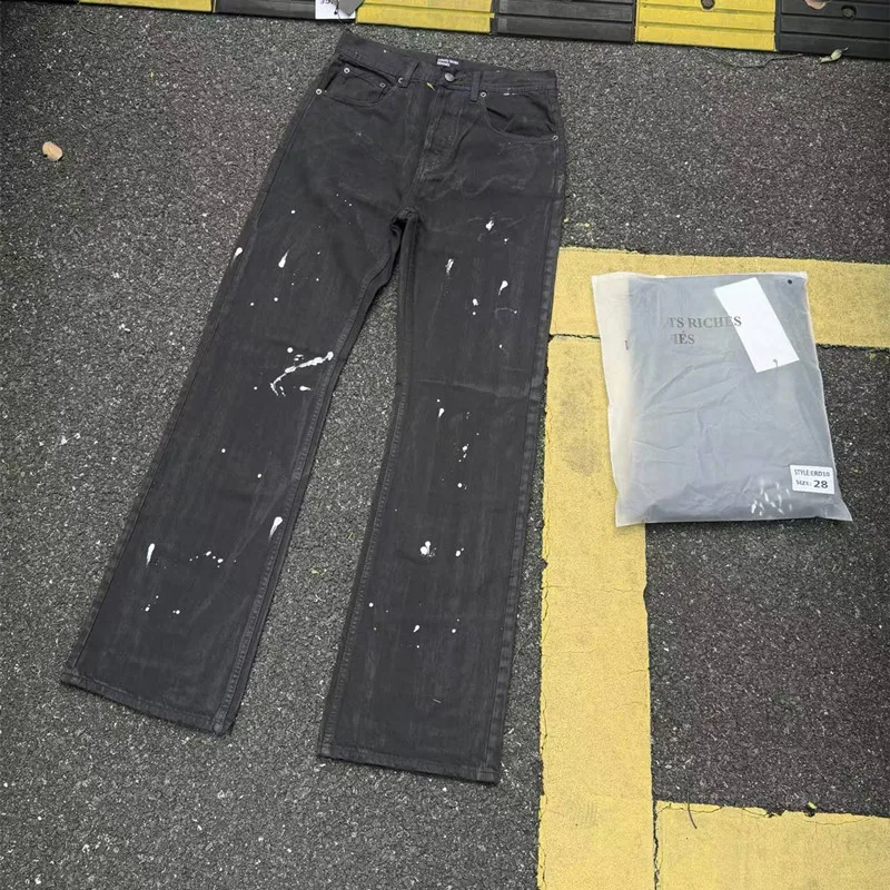 Retro Zurich Splashed Ink Vintage Style Mildly Spicy Men's And Women's Jeans Black Washed Long Trousers Spring Summer New Arr...