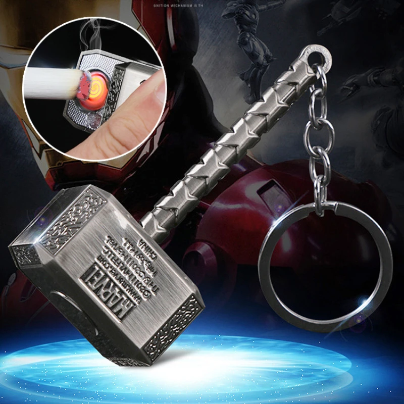 Creative and Interesting Windproof USB Electric Rechargeable Lighter Thor Hammer Zinc Alloy Flameless Keychain Lighter Mens Gift