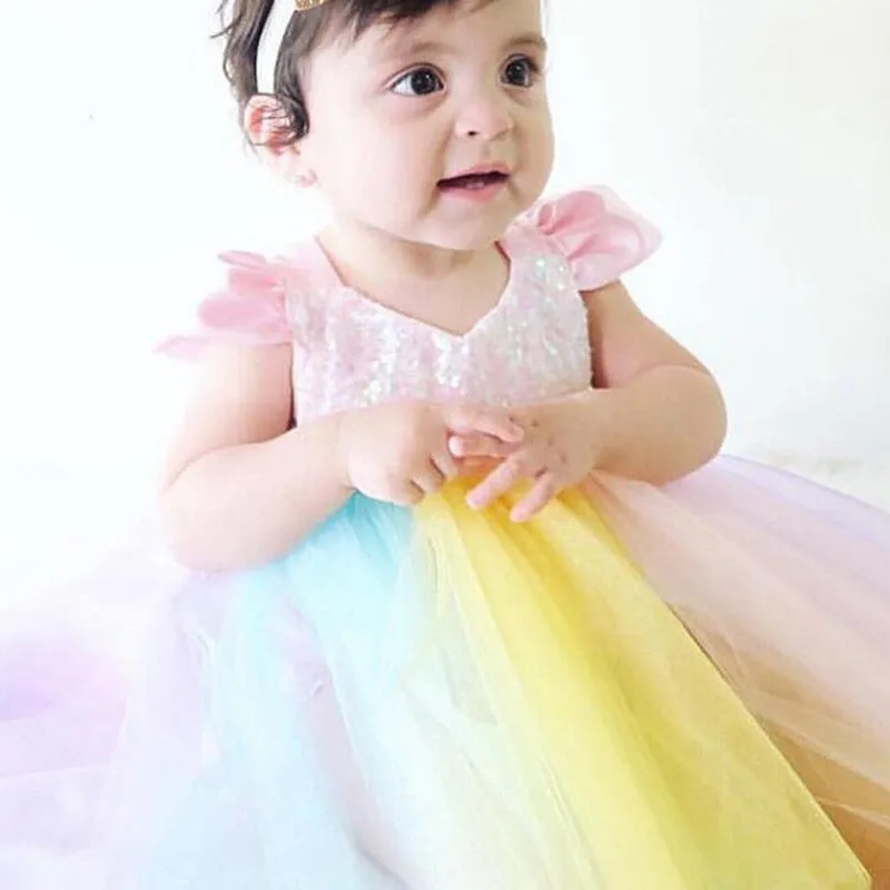 Summer Baby Dress Toddlers Girls Mesh Rainbow Color Sequined Short Sleeve Princess Dresses Children Party Birthday Clothing6M-3Y