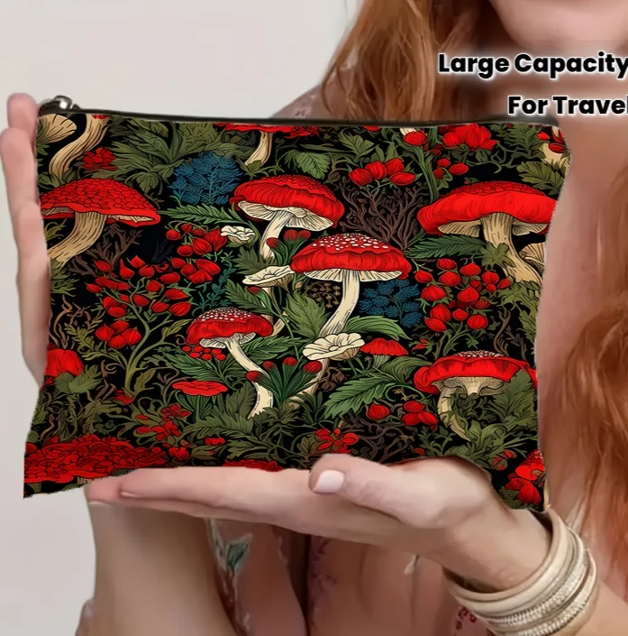 1pc Vibrant Red Mushroom Makeup Bag - Durable Non-Fading Zipper Pouch Foldable Travel Organizer with Double-Sided Print