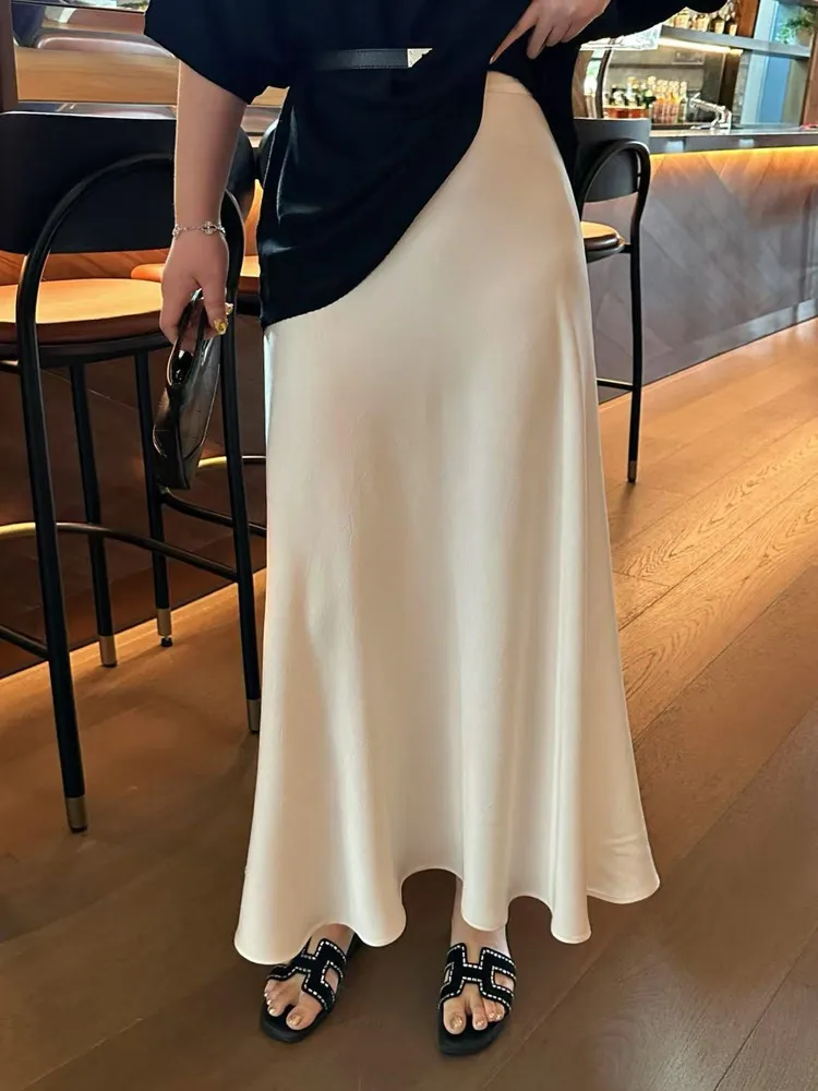 

Qiqi plus Size Women's Retro Silk A-Line Skirt High Waist Slimming Midi Skirt Busin Casual Color Polyester Fiber