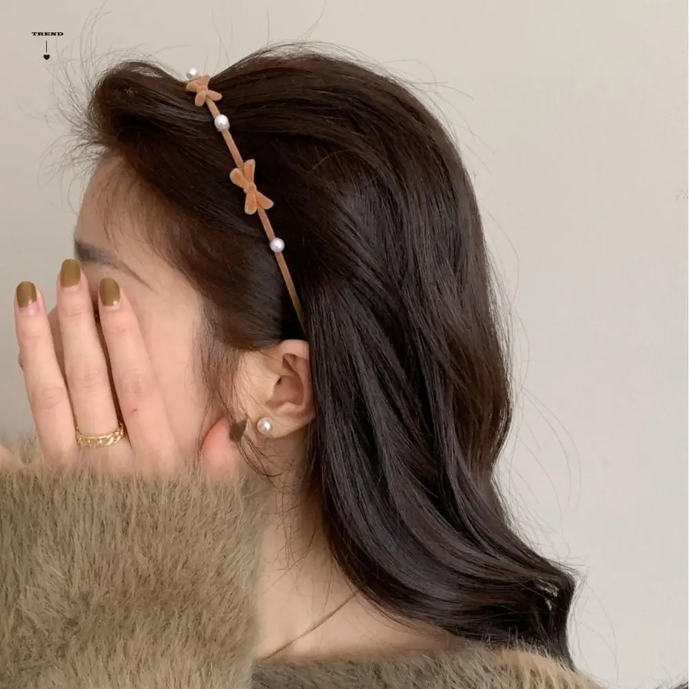 

Fashion Pearl Bow Hairband Plush Alloy Flower Headband Thin Korean Style Women Hair Hoop Girls