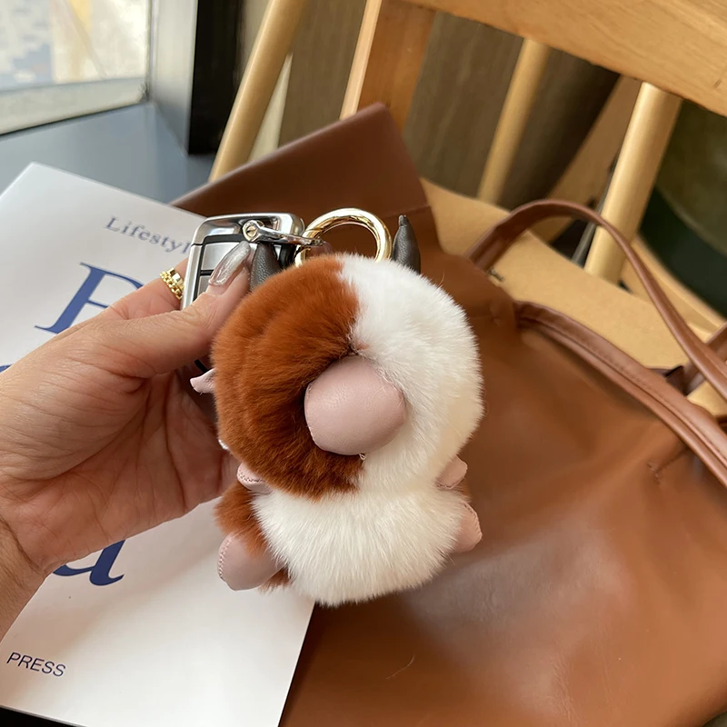 

Брелок из кроличьего меха коровы, подарок на день рождения, игрушки с животными для детей, школьная сумка для мальчиков и девочек, подвеска