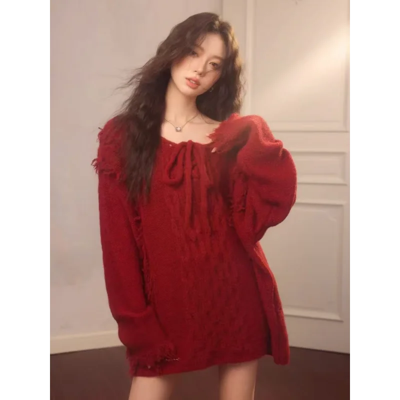 

Loose Design Lazy Pullover New Style Sweater Lace-up Top with Tassels