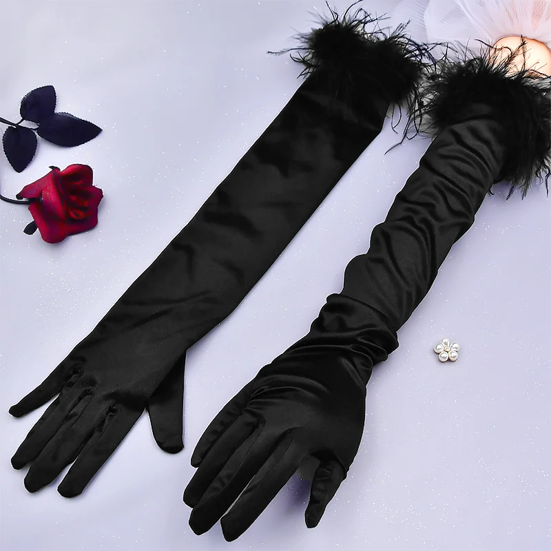 1Pair Silk Satin Gloves Plush Feather Elastic Long Dance Party Gloves Women Halloween Weeding Party Opera Stage Makeup Mittens image 6