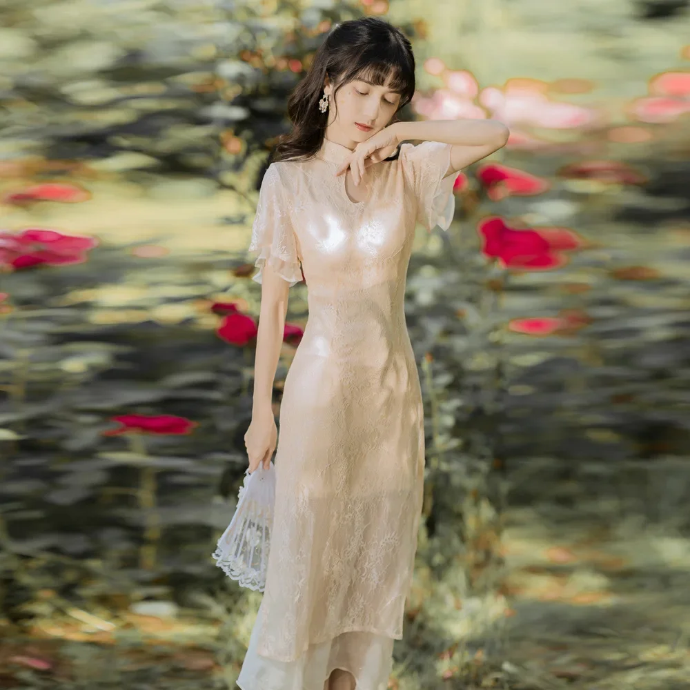 French Short Sleeve Long Vintage Style Qipao Daily Youth Edition Improved Dress for Girls 2024 New Cheongsam