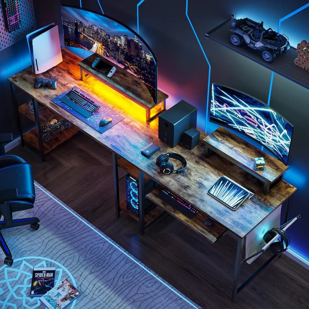مكتب ألعاب على شكل حرف L مقاس 95 بوصة مع ضوء LED، ومكتب زاوية للكمبيوتر أو طاولة طويلة لشخصين مع حامل شاشة وأرفف ومفتاح #6