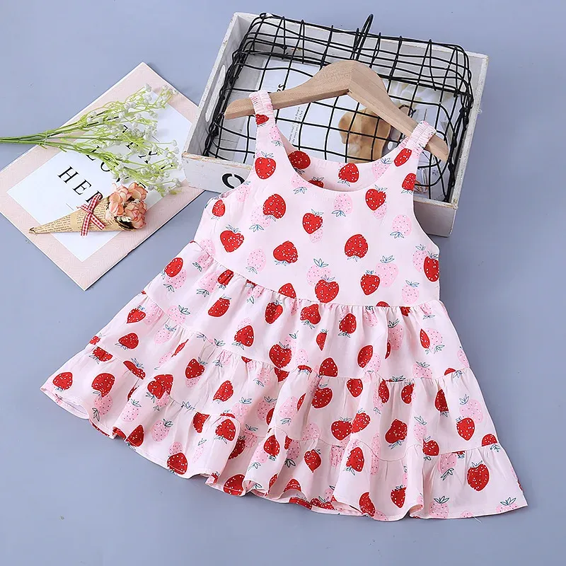  New Princess Style Dress Outdoor Wear Children's Casual Floral Vest Dress Girls Full Printing Slip Dress Summer 
