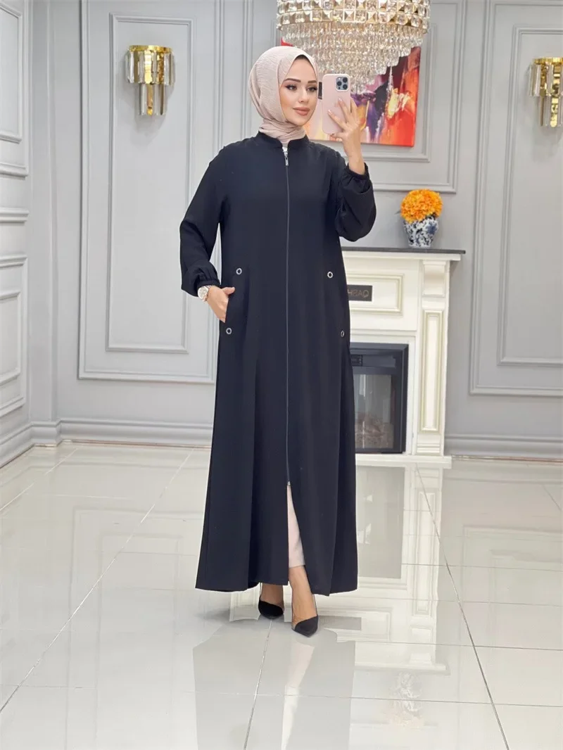 Turkish Dresses Eid Prayer Abaya Black Robe Long Sleeve Causal for Women Stand Collar Zipper Dubai Saudi Clothing Kaftan